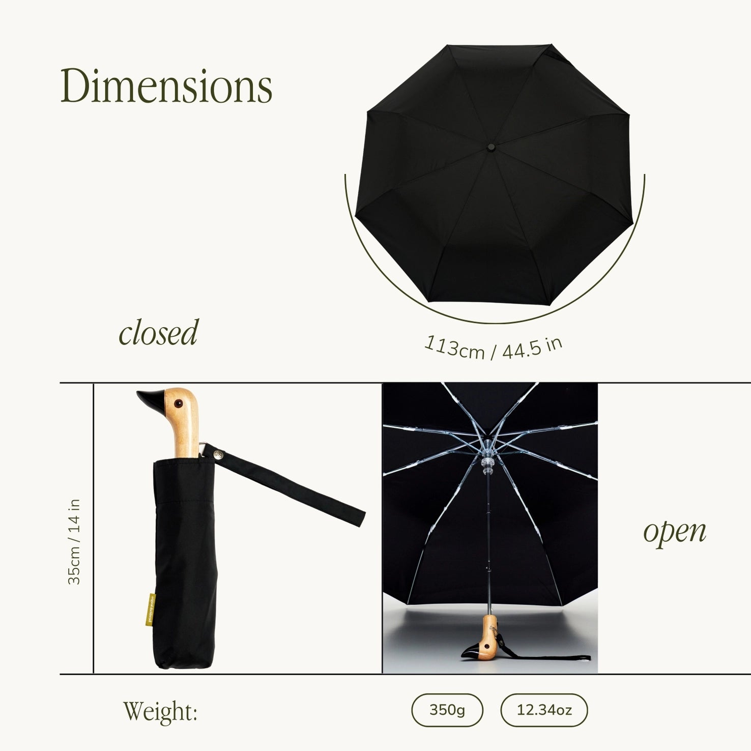 Original Duckhead - Black Compact Eco-Friendly Wind Resistant Umbrella