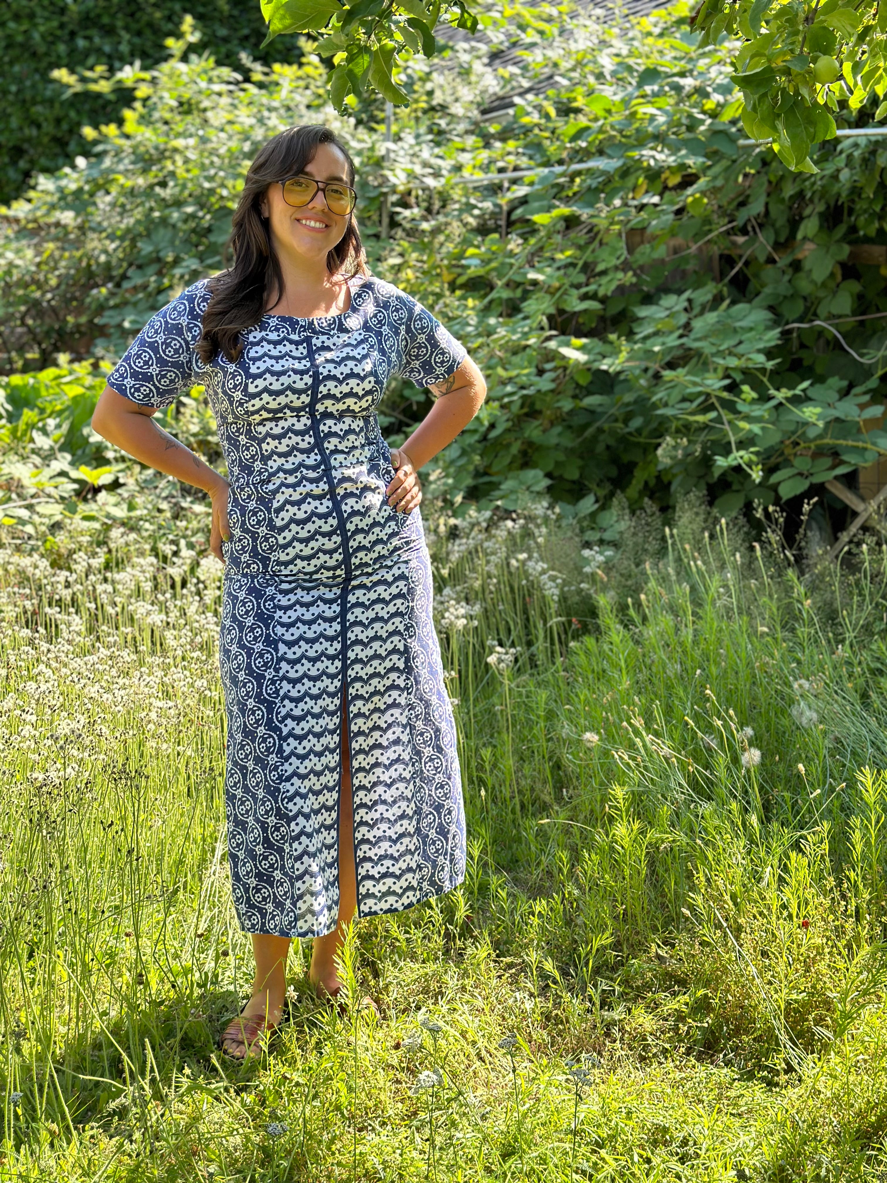 Long Blue/White Cotton Dress from Romania