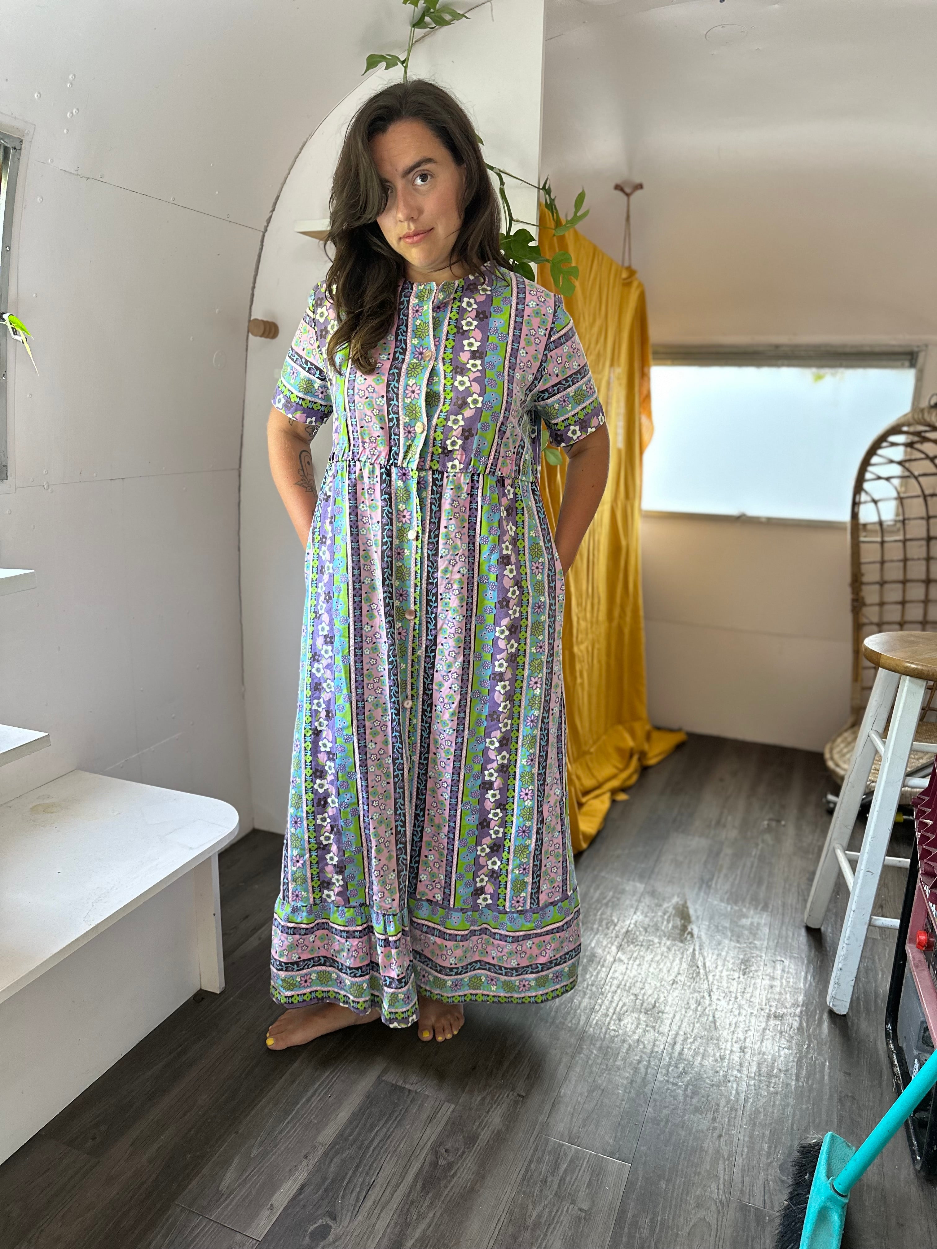 1960s Maxi Housecoat Style Button up Dress