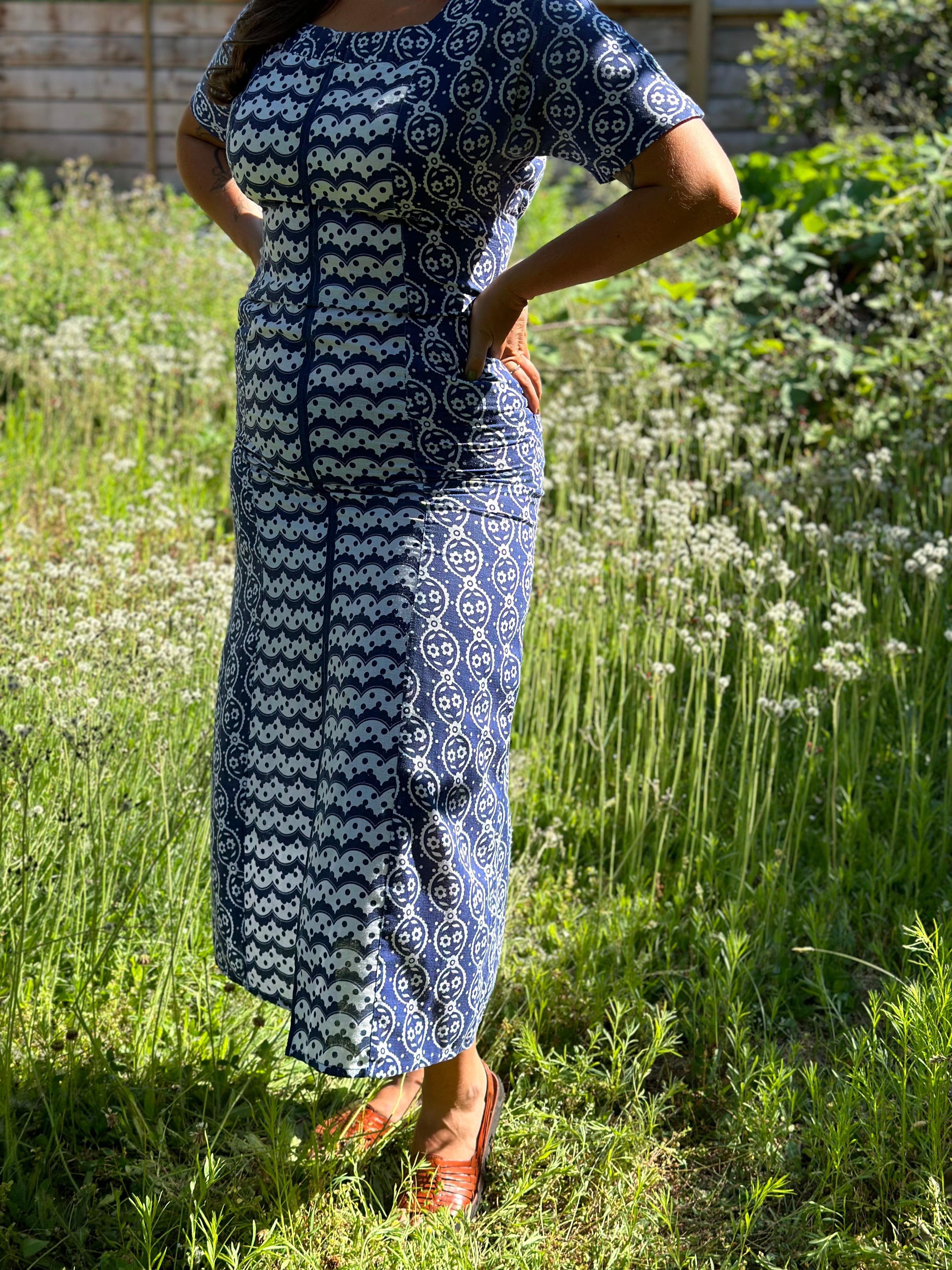 Long Blue/White Cotton Dress from Romania