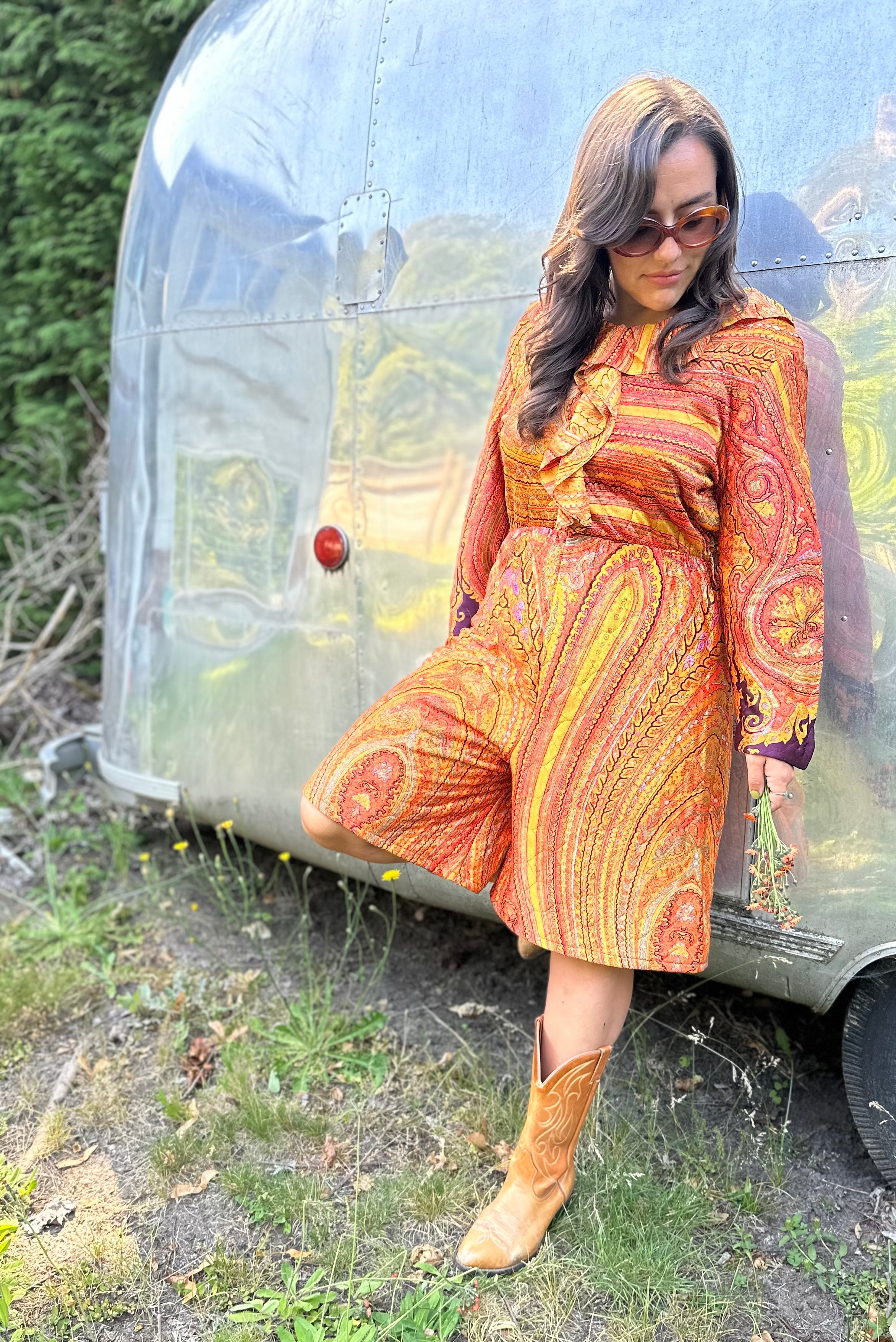 Orange quilted paisley playsuit with ruffle front
