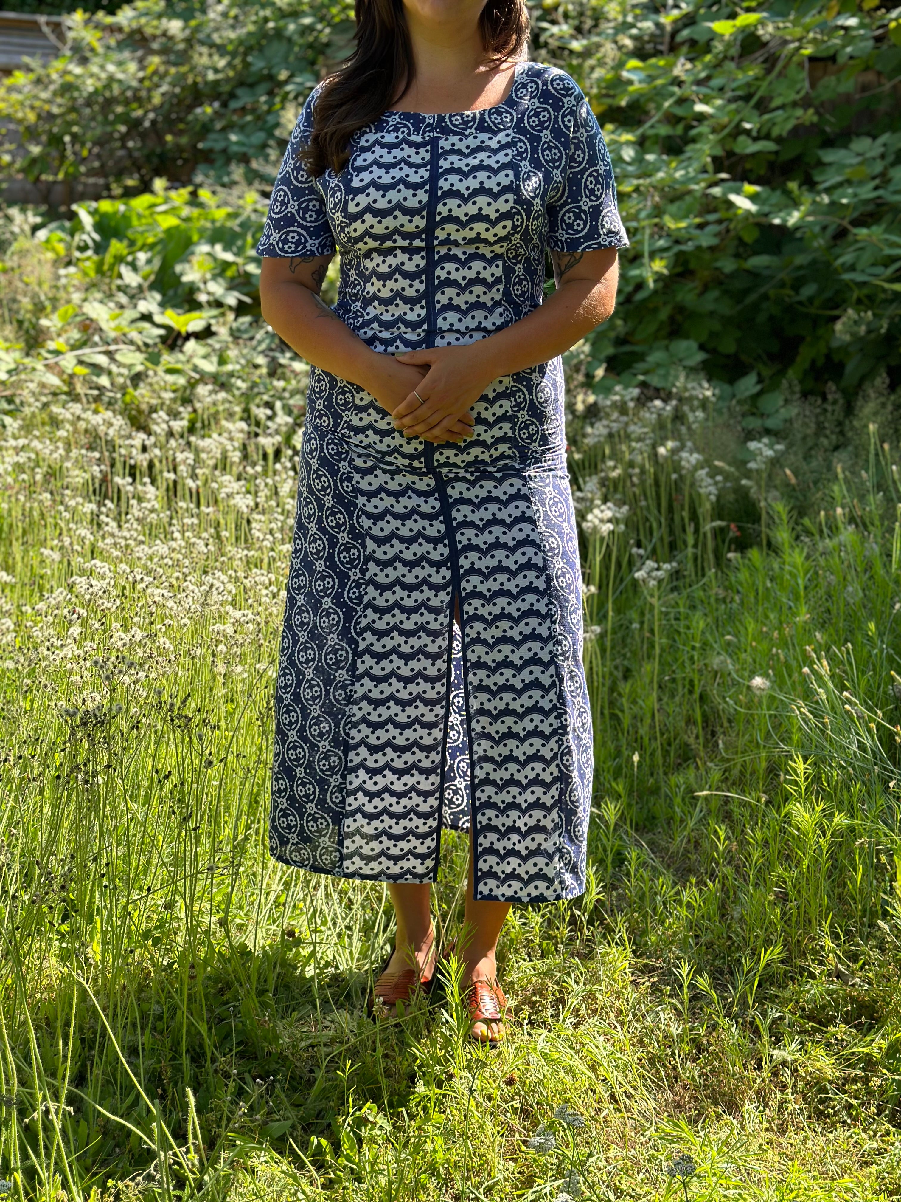 Long Blue/White Cotton Dress from Romania