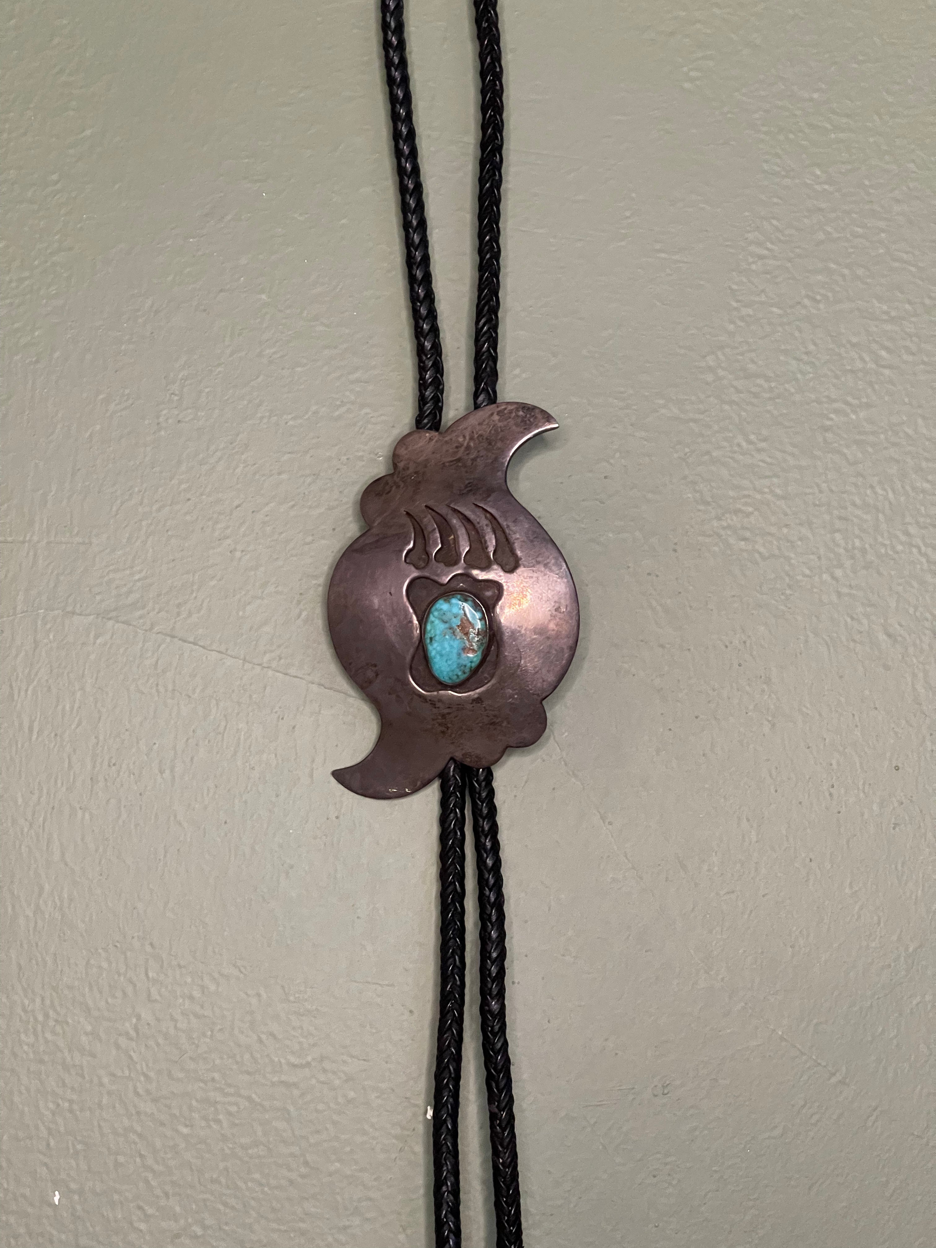 Bennett Bolo Tie - Turquoise Stone in Silver Bear Claw Etch (as is)