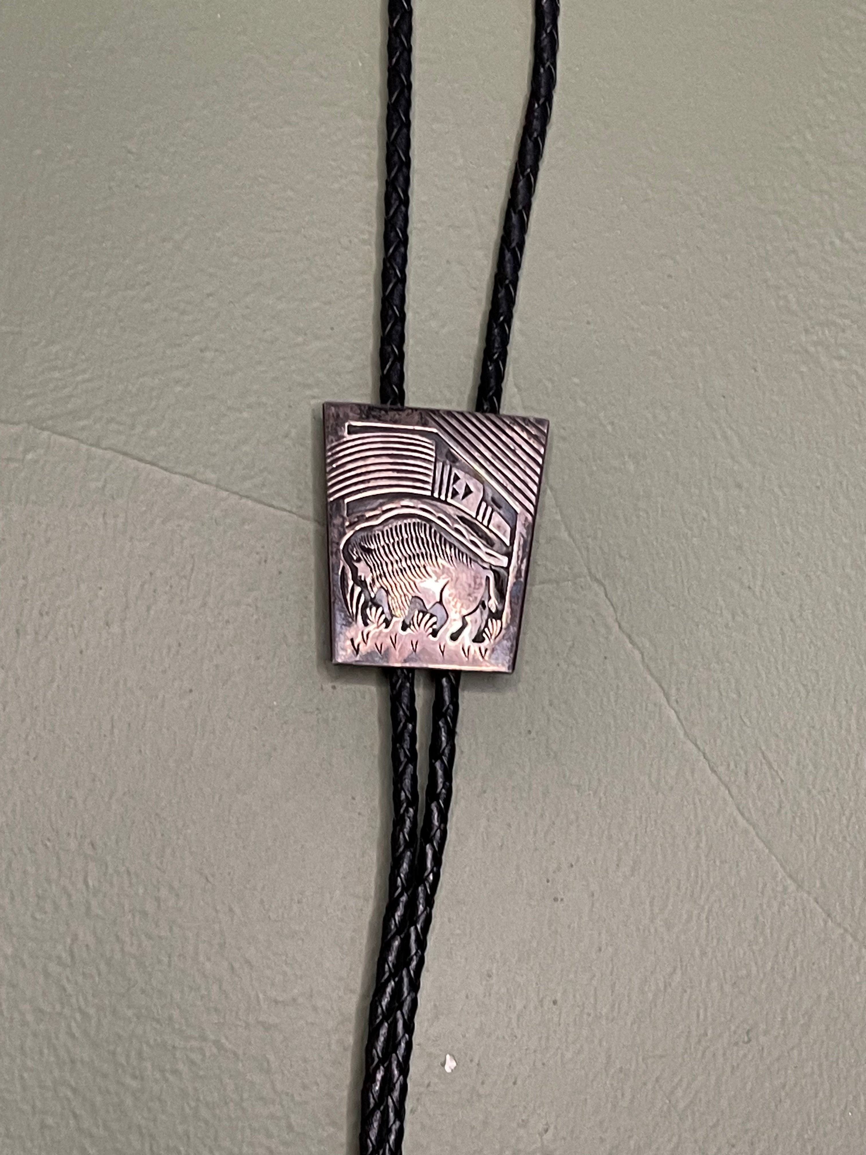 Bolo Tie - Hand-Etched Bison on Silver Plate