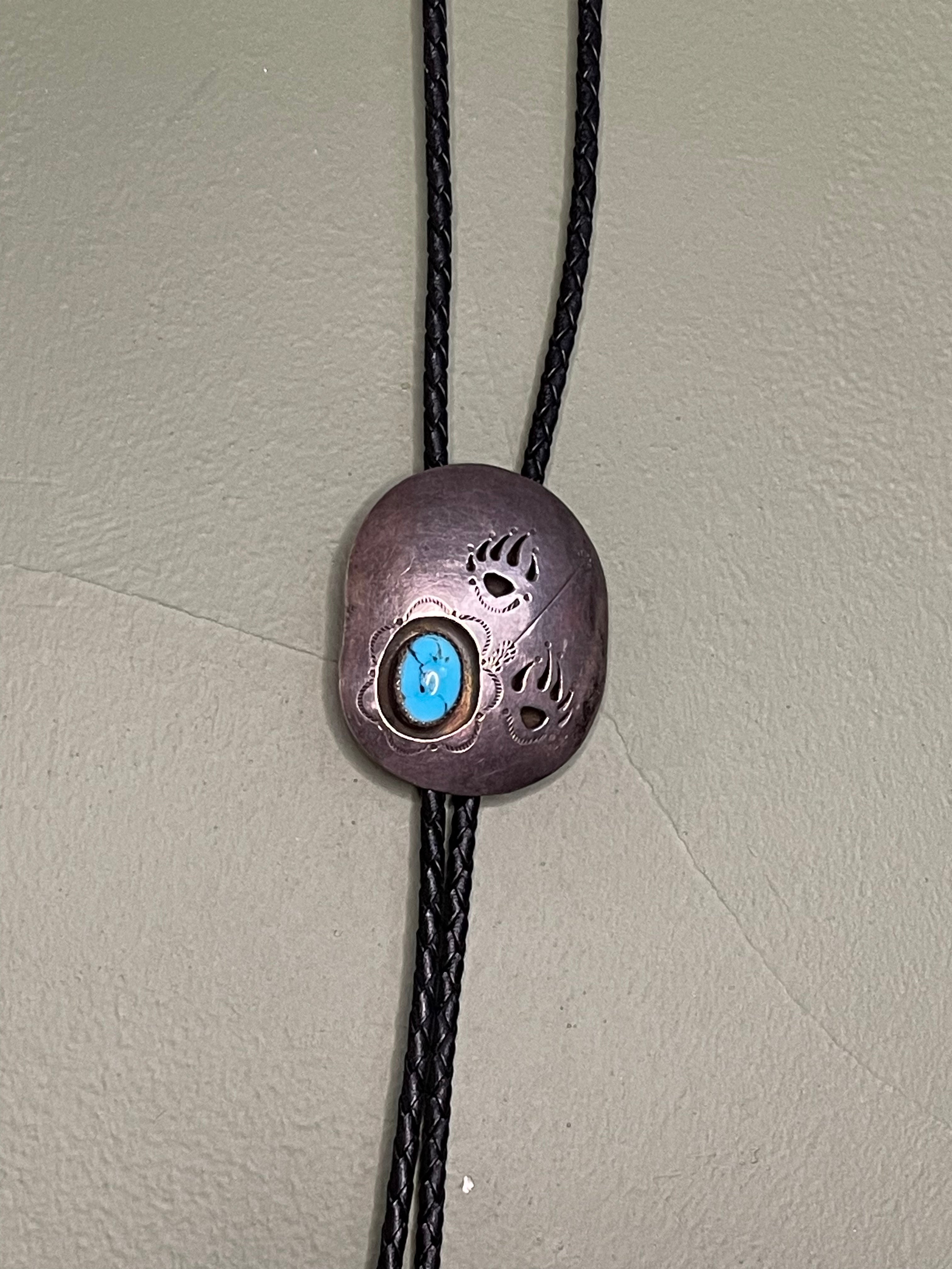 Bolo Tie -  Small Turquoise Stone set in Silver with Hand-Etched Bear Claw Prints