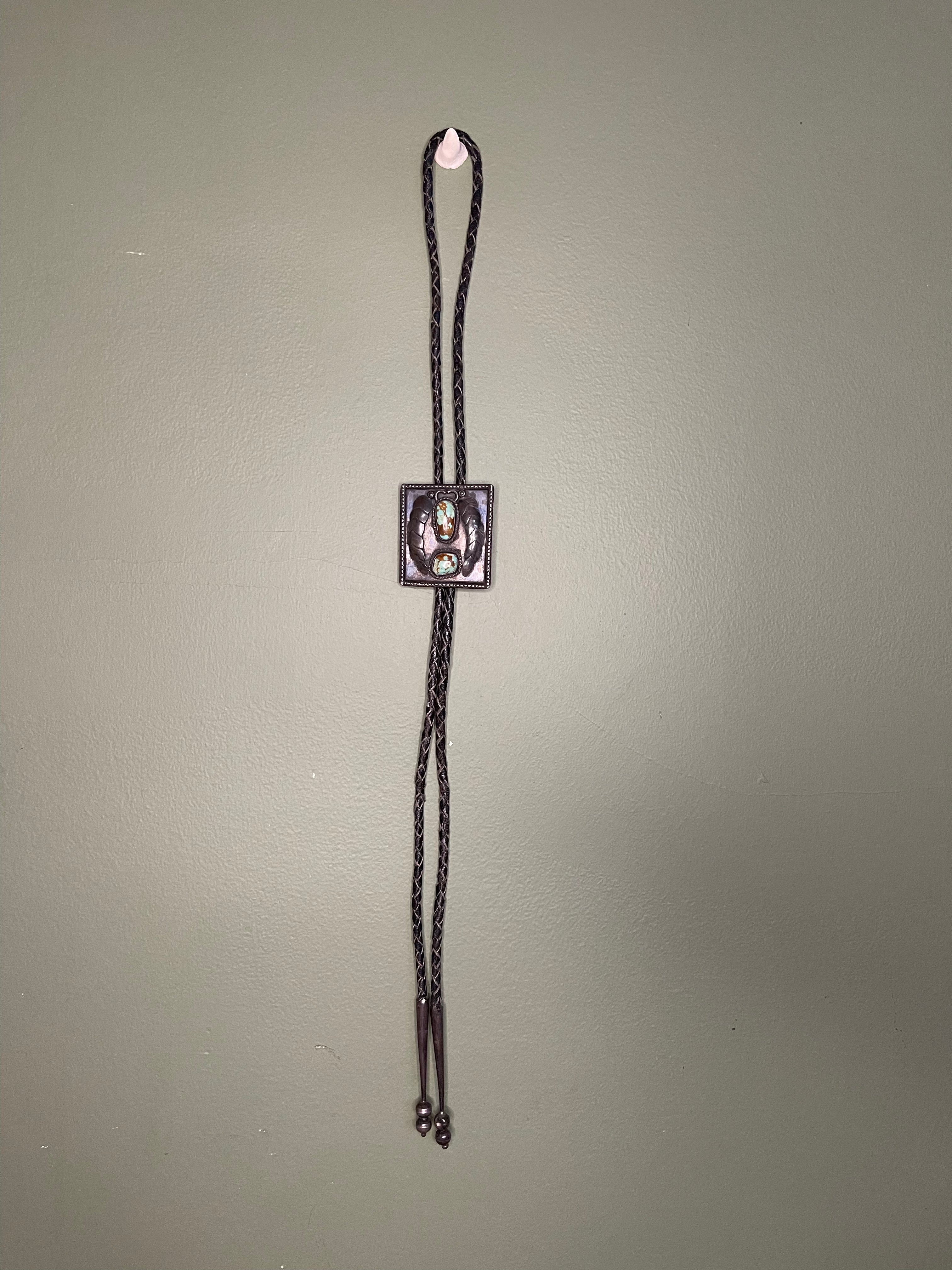 Bennett Bolo Tie -  Two Turquoise Stones set in Large Silver Slide