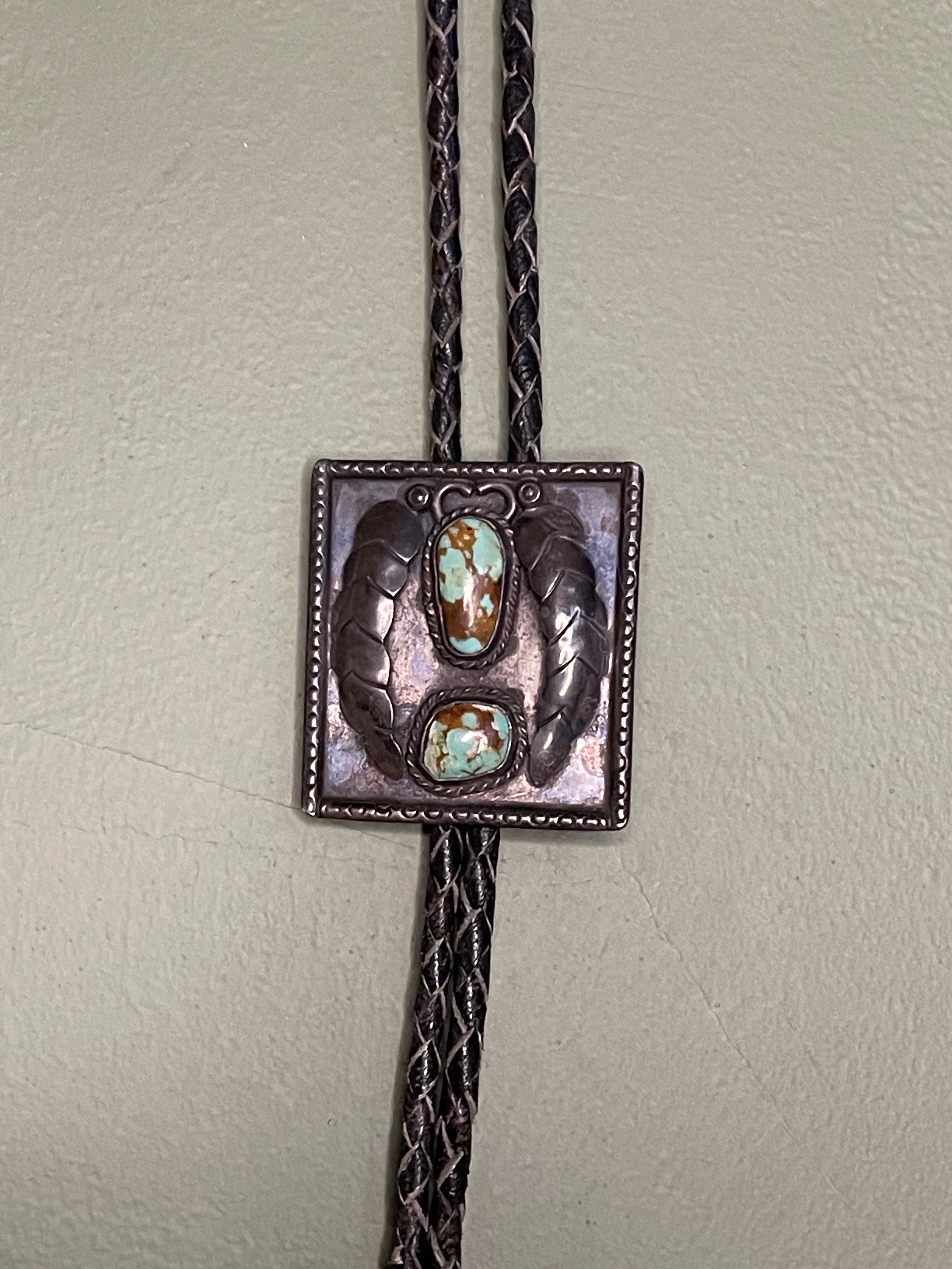 Bennett Bolo Tie -  Two Turquoise Stones set in Large Silver Slide