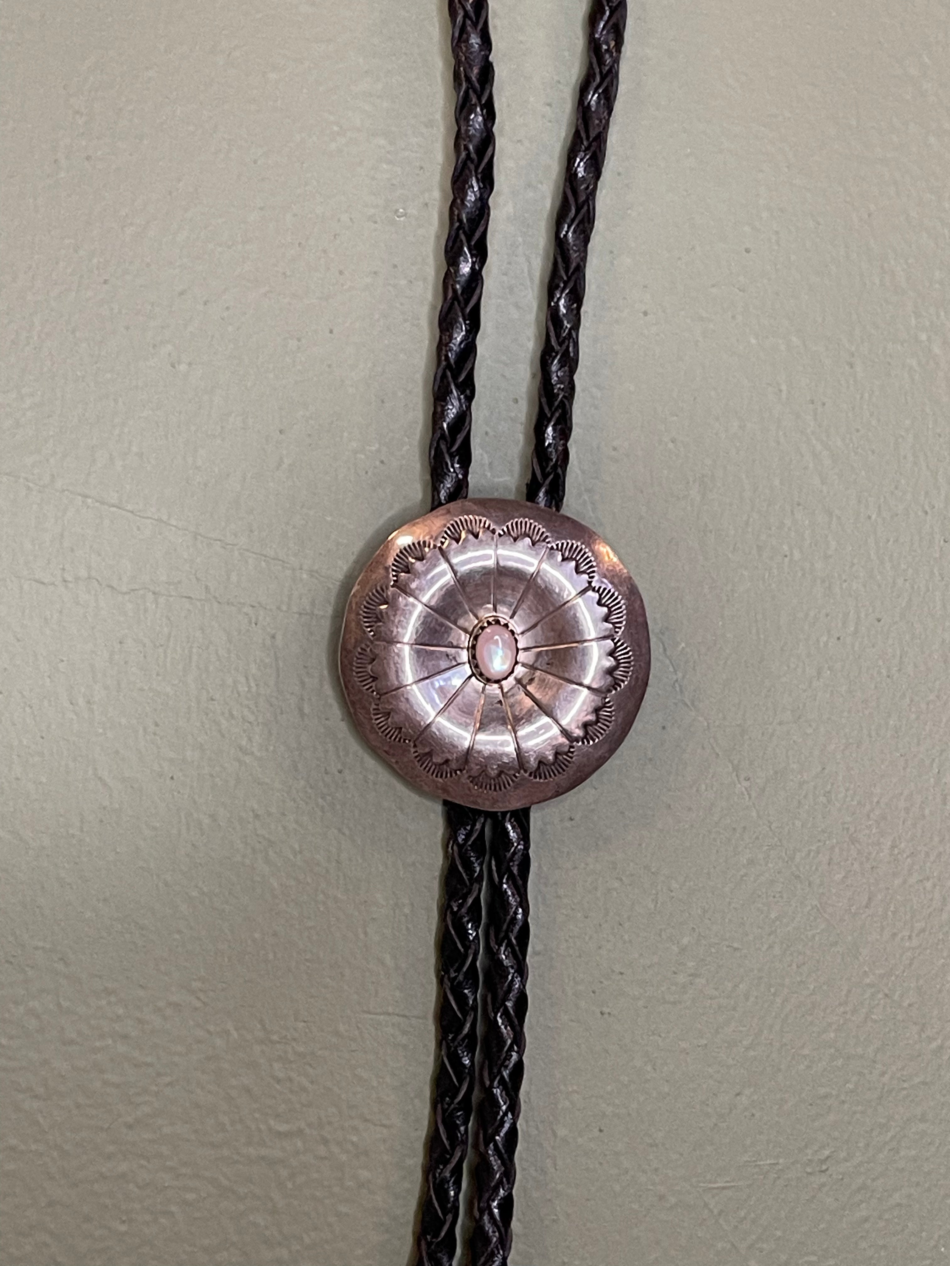 Bolo Tie -  Opal set in Hand-Etched Silver Shield