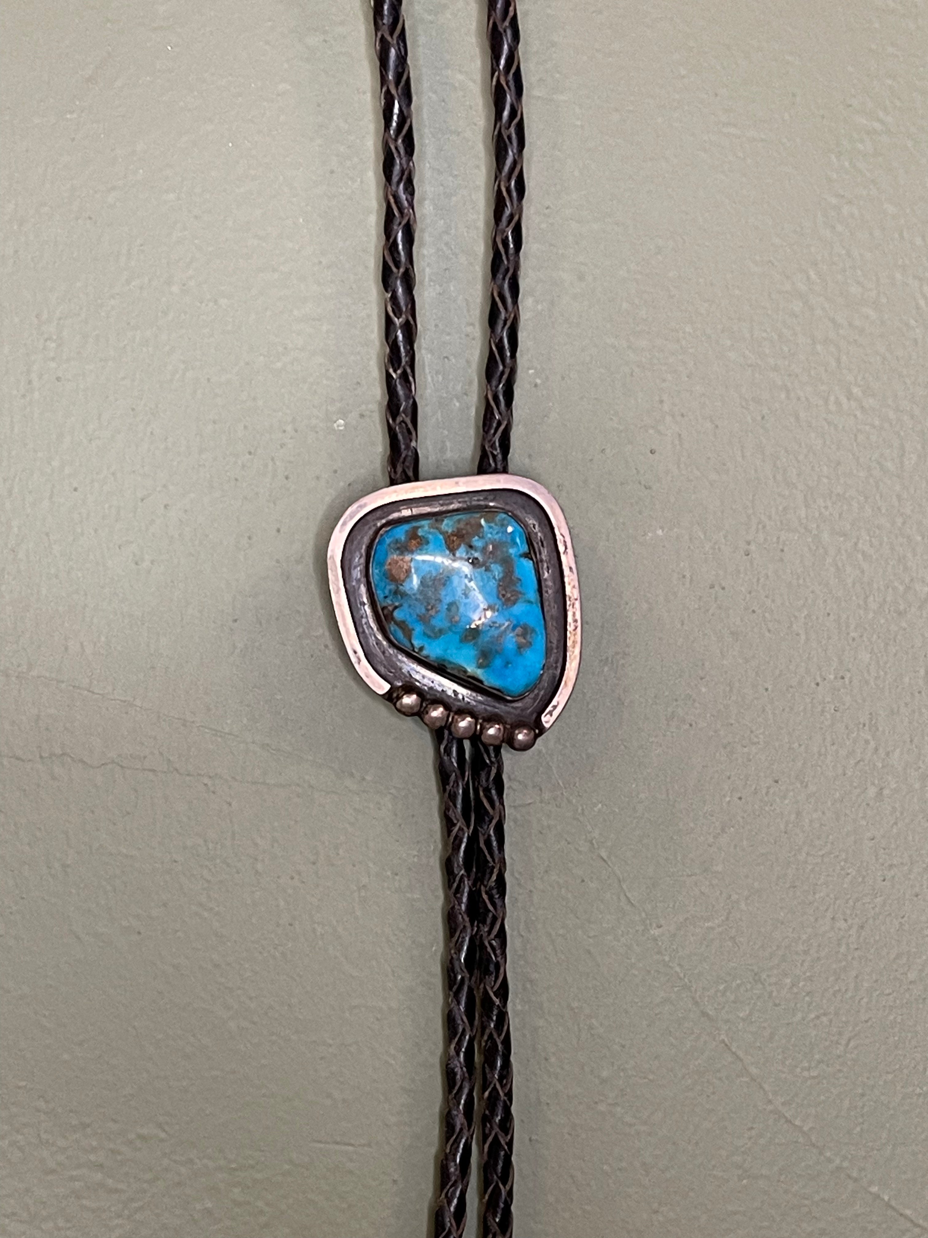 Bennett Bolo Tie -  Large Turquoise Stone set in Silver Bear Paw