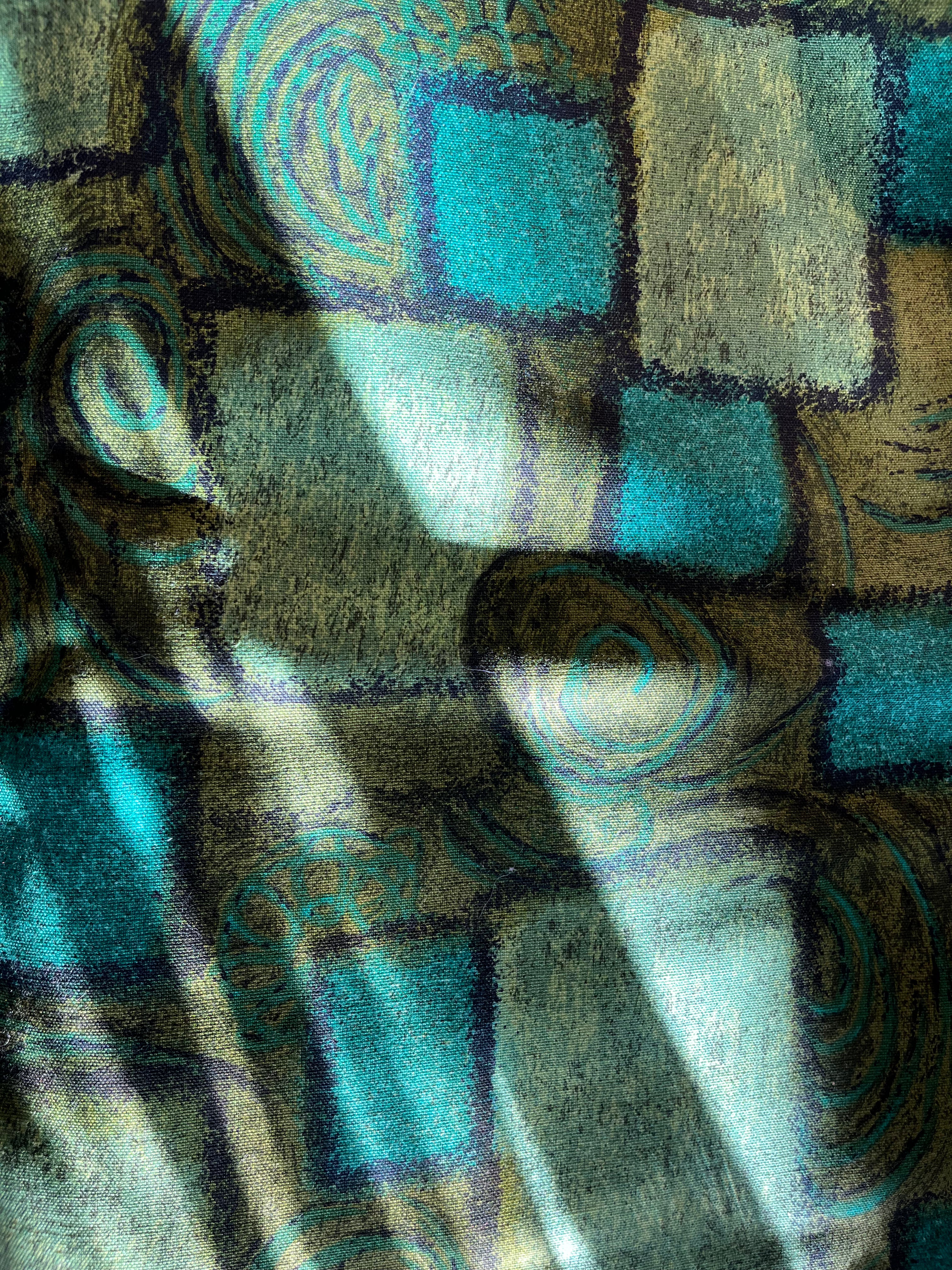 Vintage Fabric - Green squares and swirls
