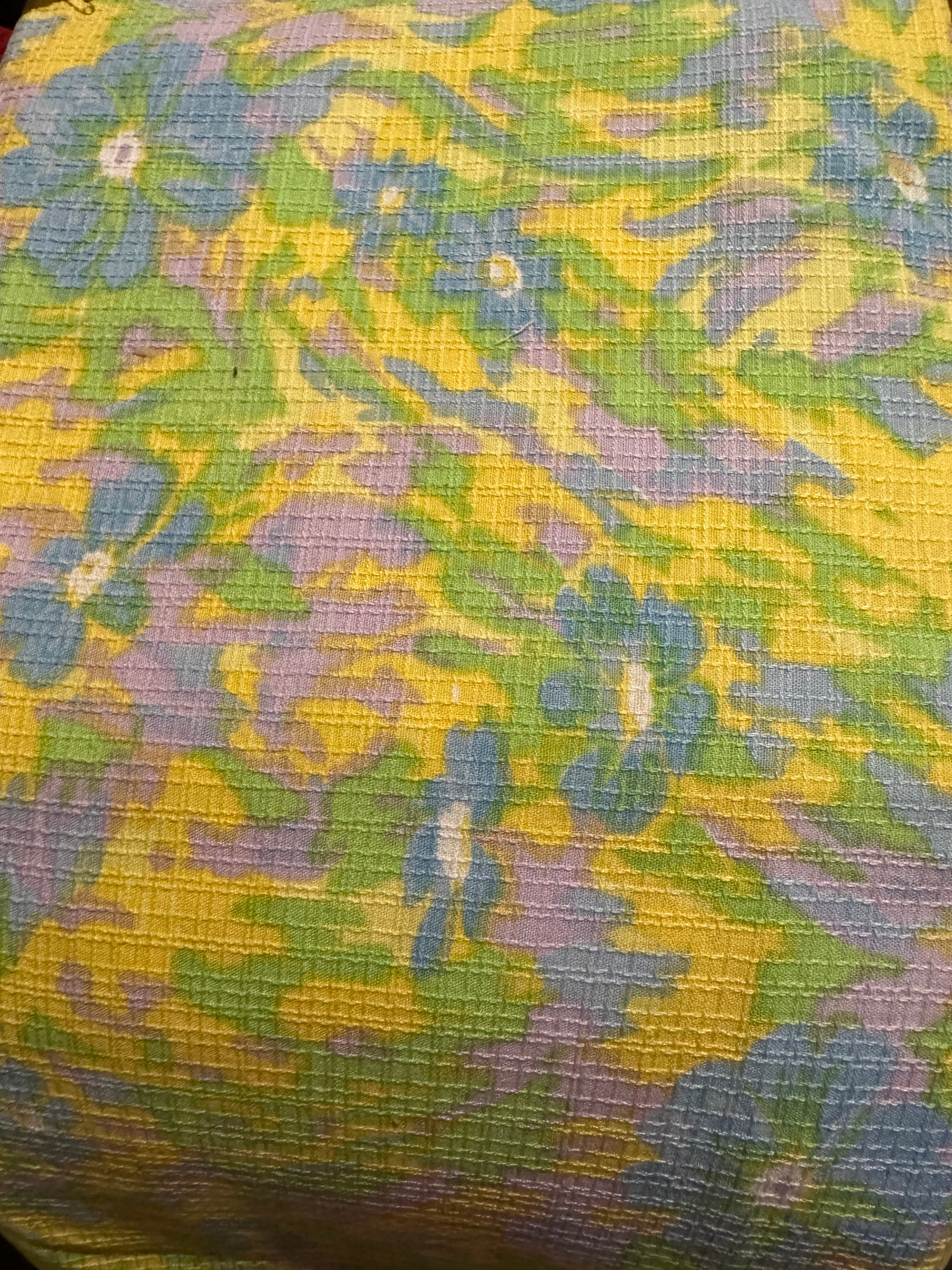 Yellow, blue and purple abstract floral vintage fabric - 1.5 yards