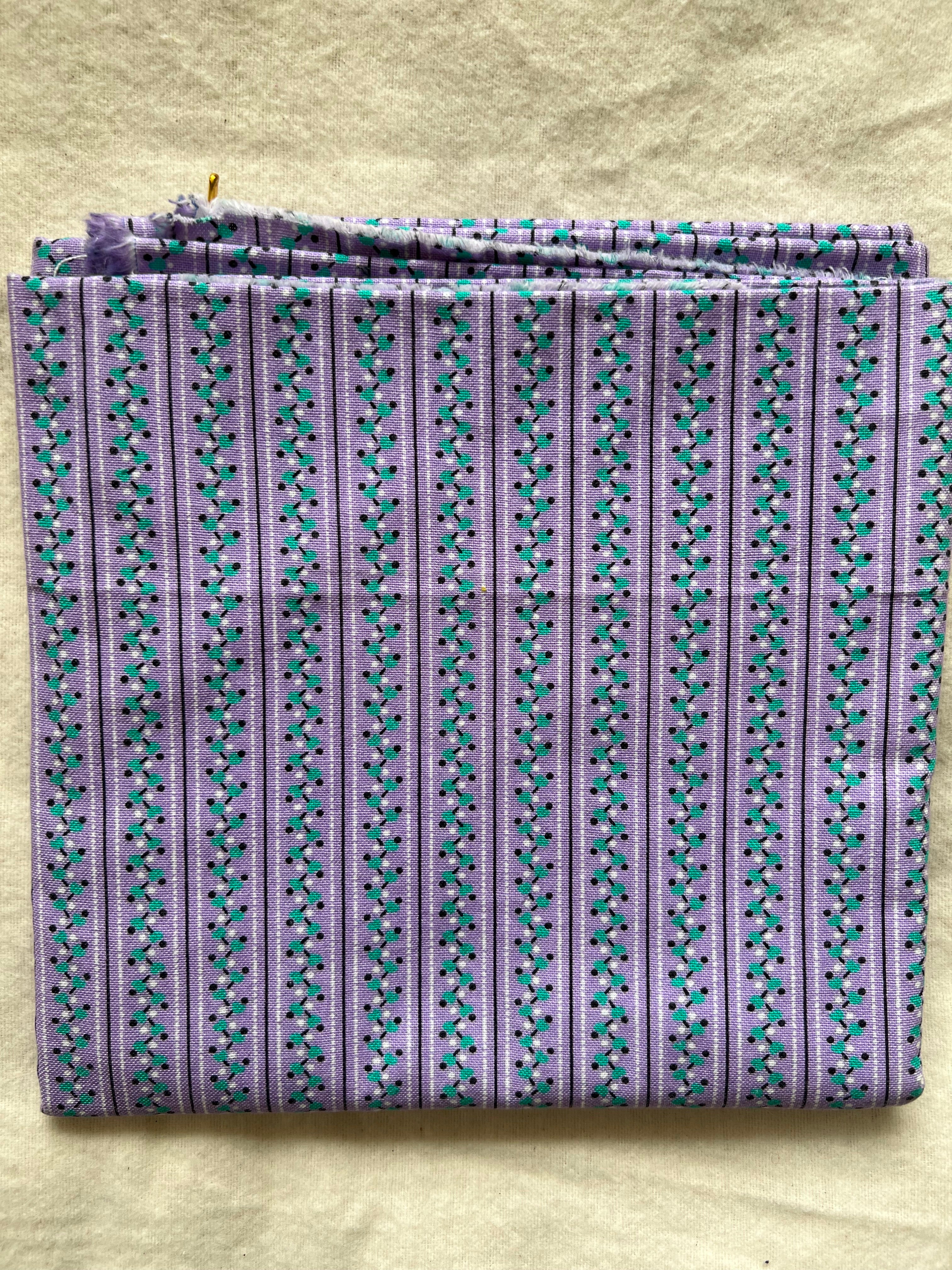 Mauve & teal patterned stripe cotton vintage fabric - 2 yards