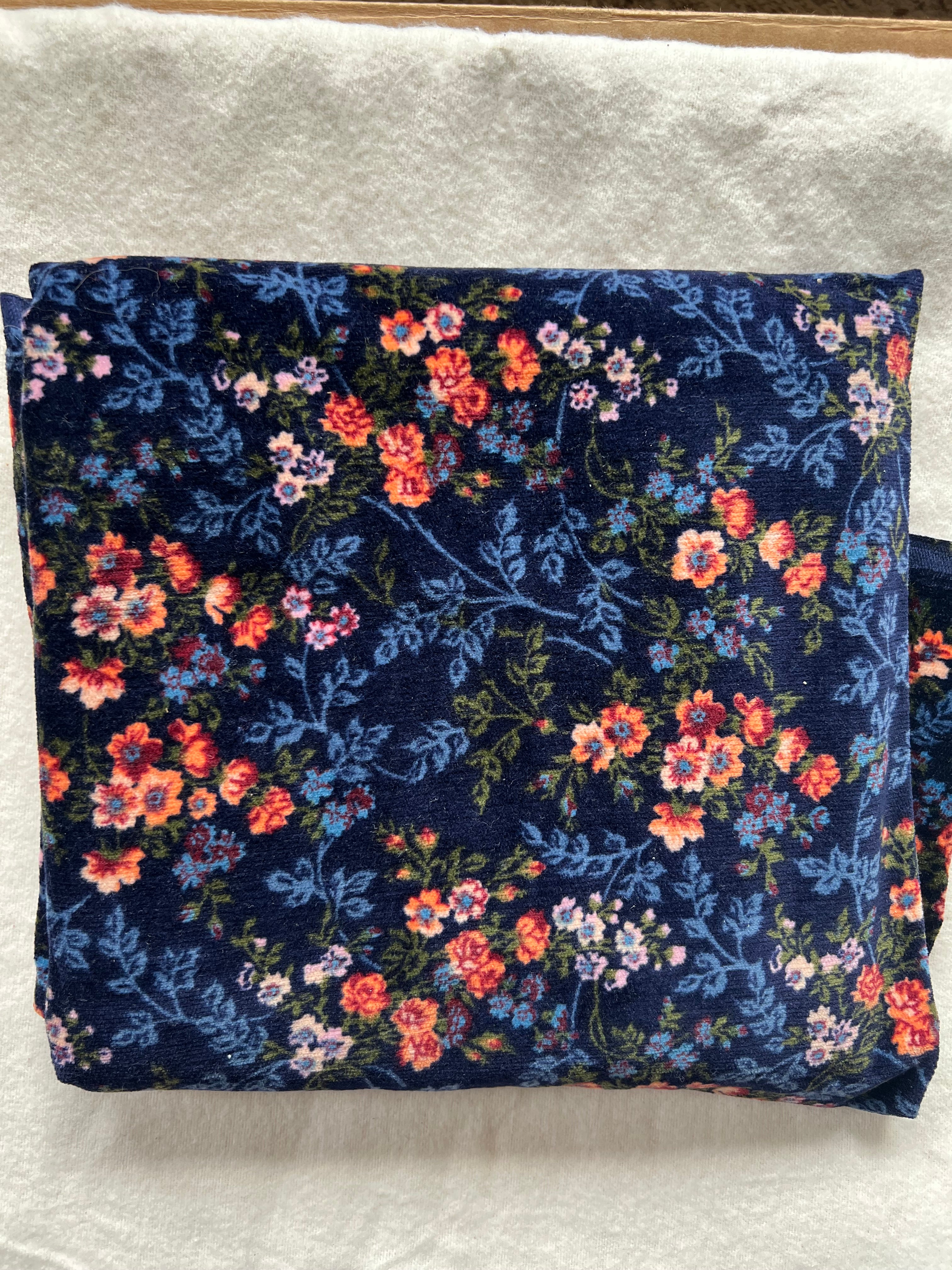 Vintage Fabric - Pink & white floral on dark blue velvet